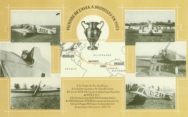 Propagační pohlednice továrny Avia s trasou přeletu BH-5 do Bruselu i s fotografií vítězné trofeje 1.jpg
